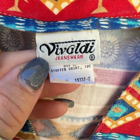 Vintage 90s Bold Aztec Southwestern Stripe Canvas Western Cowgirl Vest Vivaldi - Picture 4 of 5